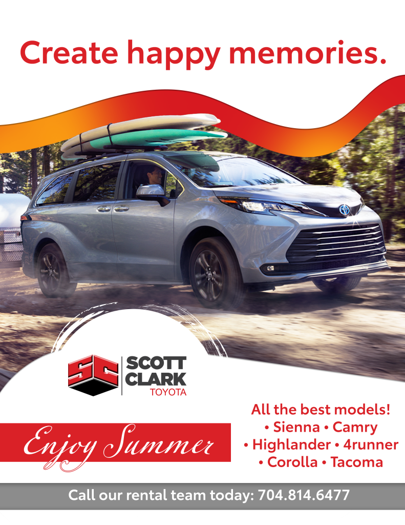 This is an image for the Scott Clark Toyota Rental Department. The title is Create Happy Memories and Enjoy Summer. There is a Toyota Sienna with a paddle board on top of the van. There is also a list of toyota models, Sienna, camry, highlander, 4runner, corolla, and tacoma.